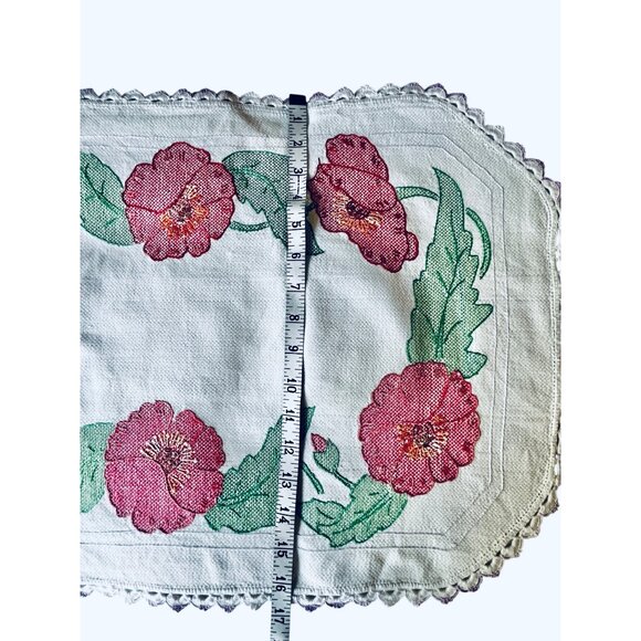 Vintage Embroidered Table Centerpiece With Floral Design & Crocheted Trim 37.5" - Picture 8 of 8